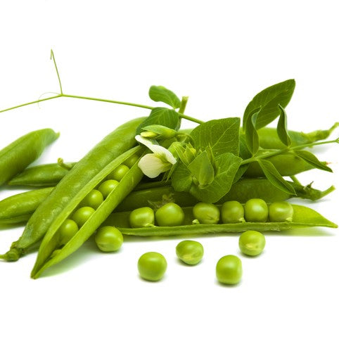 Fresh green peas with pods and leaves on a white background