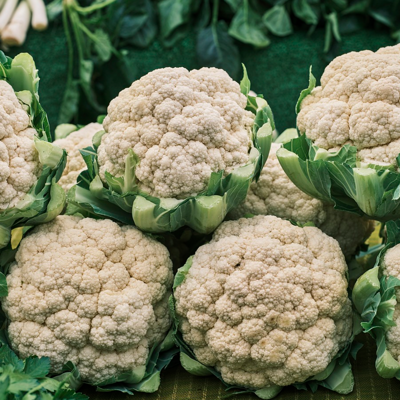 harvested cauliflower heads on a market stall