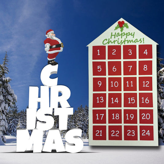 A festive advent calendar with pockets, each containing a packet of seeds, numbered from 1 to 24. The calendar is designed with a Christmas theme, featuring red and white colors, and the word 'Christmas' is prominently displayed in large letters.