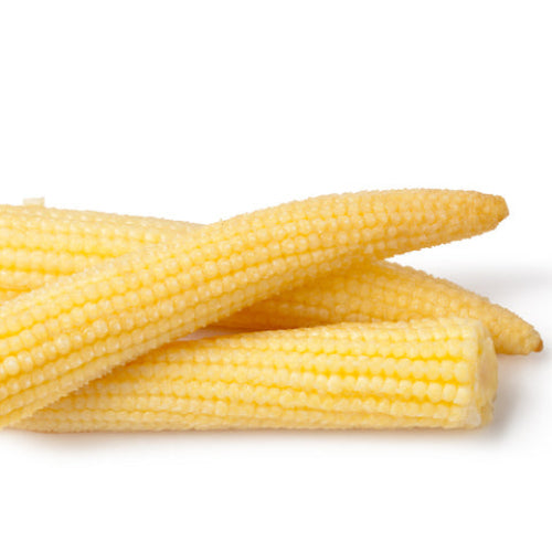 A photograph showing fresh sweetcorn minipops, which are small and yellow, typically found in supermarkets during the summer.