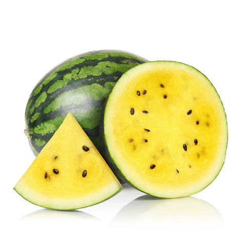 A picture of Watermelon Petite Yellow Sliced and whole on a white background