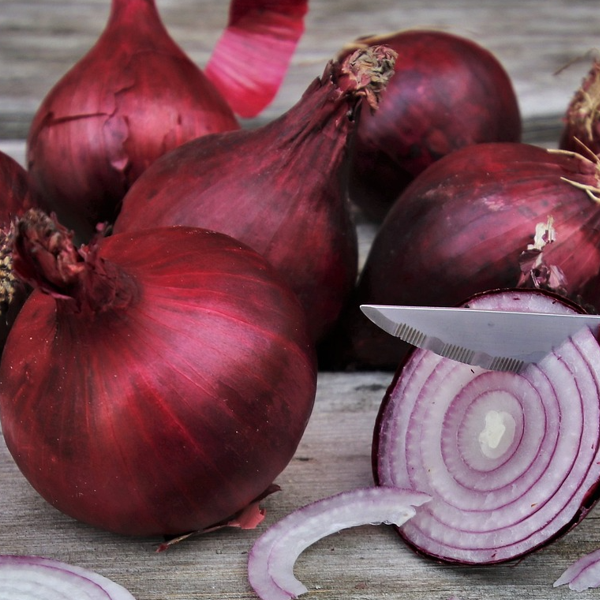 red onion with knife